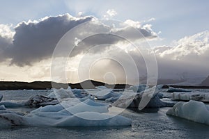 Icebergs are floating in the Glacier lagoon in Jokulsarlon