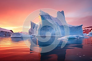 Icebergs in Glacier Lagoon at sunset, Iceland, Europe, Early morning summer alpenglow lighting up icebergs during midnight season