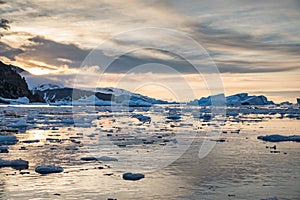 Icebergs and mountains in Antarctica in midnight sun