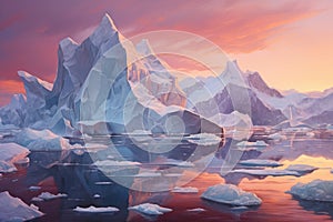 Icebergs in the ocean at sunset. 3D illustration, Early morning summer alpenglow lighting up icebergs during the midnight season,