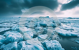 Icebergs overlap in a frozen landscape, melting glaciers and icebergs picture
