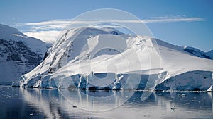 Icebergs reflecting in the calm Paradise Bay in Antarctica.