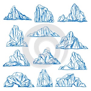 Icebergs sketch or hand drawn mountains.