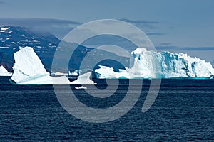 Icebergs in sunlight shining in white and turquoise over dark blue Arctic Ocean, Greenland