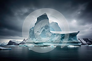 icebergs towering peak captured against dark, stormy skies
