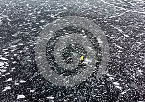 Iceboat on a frozen lake, winter sport. Aerial view