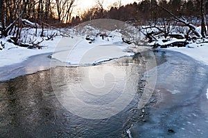 Icebound banks of forest pond