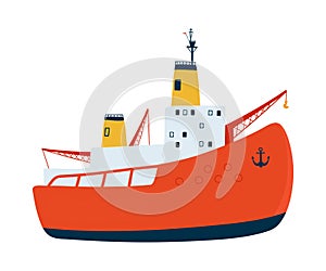 Icebreaker ship isolated on white background in a flat style. Children`s illustration for design of children`s rooms, clothing,