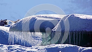 Icecles hanging on iceblock in Jokulsarlon in in east fjords in Iceland photo