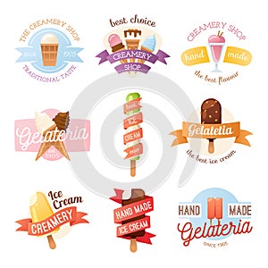 Icecream badges ribbons food sticky, chocolate cold retro dessert vector illustration. photo