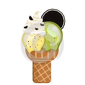 Icecream cho chip green tea cream scoops waffle cone. Vector illustration