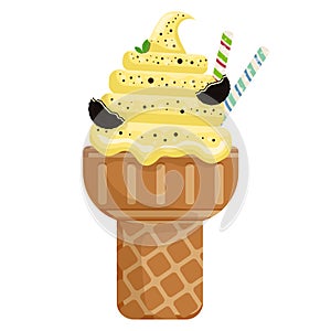 Icecream chocolate chip raspberry scoops waffle cone. on white background. Vector illustration.