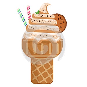 Icecream chocolate cookie scoops waffle cone. on white background. Vector illustration.