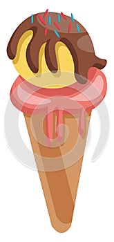 Icecream cone with a pale red scoop and a yellow scoop with chocolate and red and blue sprinkels on top vector illustration on