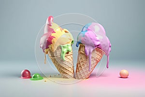 Icecream cones melting in the summer. Studio setup. Generative AI