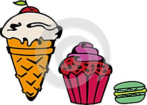 Icecream, cupcake, makaroni set