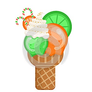 Icecream orange lemon cream scoops waffle cone. Vector illustration