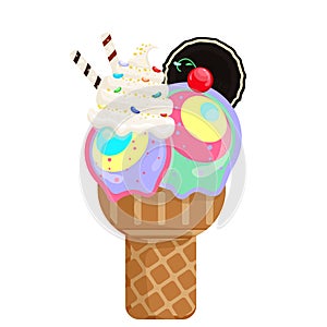 Icecream rainbow cream scoops waffle cone. on white background. Vector illustration