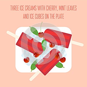 Icecreams popsicles with cherry, mint leaves and ice cubes