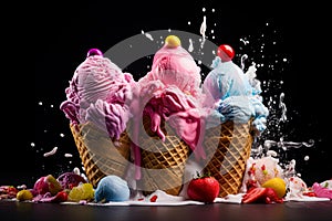 Icecreams in waffle cones with strawberry, blueberry and raspberry flavor. Generative Ai