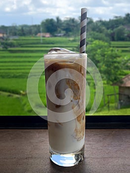 Iced Almond Milk Latte Rice field View