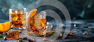 Iced amber whiskey with orange twist, a classic on a dark backdrop. Copy space