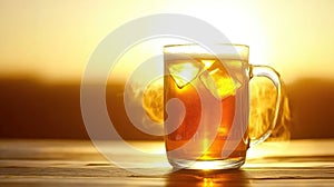 Iced beer sunset field wood table drink