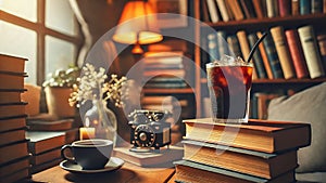 iced black coffee on a stack of books