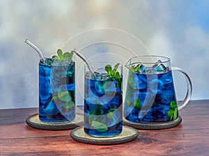 Iced blue tea made from Anchan flowers also known as butterfly pea