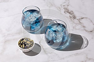Iced blue tea, two glasses of anchan from butterfly pea flower