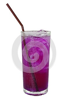 Iced butterfly pea lemonade with straw and water drops condensed