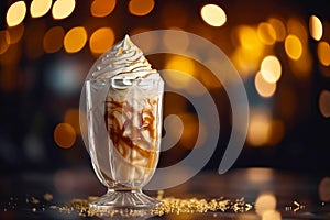 Iced caramel latte coffee in a tall glass with whipped cream. Generative AI illustration