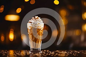 Iced caramel latte coffee in a tall glass with whipped cream. Generative AI illustration