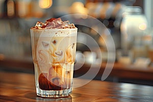 Iced caramel macchiato coffee in glass on background of cafe. photo
