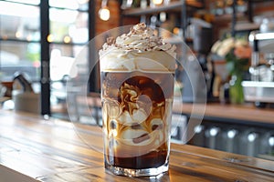 Iced caramel macchiato coffee in glass on the background of cafe close-up. photo