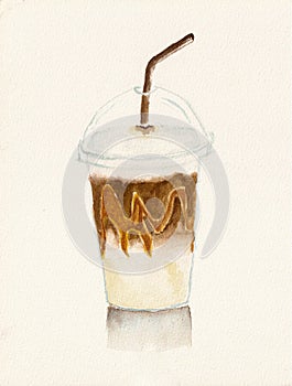 Iced caramel macchiato in a plastic cup with a straw. Watercolor illustration