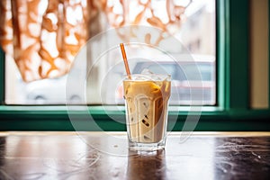 iced chai latte with a cream swirl, shot through caf window photo