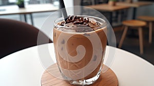 Iced Chocolate Drink with Whipped Cream and Chocolate Drizzle in a Cafe