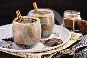 Iced chocolate mousse, typical summer dessert, home made cold chocolate with shavings