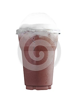 Iced chocolate in plastic cup on white background