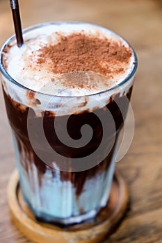 Iced chocolate with whipped cream and cocoa powder