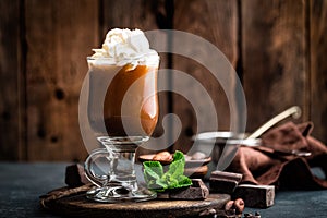 Iced cocoa drink with whipped cream, cold chocolate beverage, coffee frappe