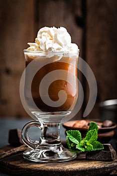 Iced cocoa drink with whipped cream, cold chocolate beverage, coffee frappe