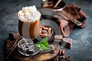 Iced cocoa drink with whipped cream, cold chocolate beverage, coffee frappe