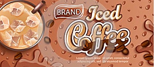 Iced coffee banner with ice and apteitic drops.