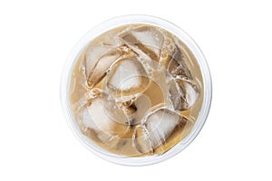 Iced coffee with the bubble in cup isolated white background. Top view