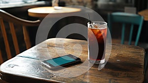 Cold brew coffee and smartphone on a wooden table in a cafe