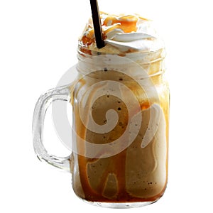 Iced Coffee Caramel Macchiato Frappe with whipping cream on top in the mug glass on white background