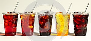 Iced coffee in clear plastic cups with colorful straws isolated for captivating food photography