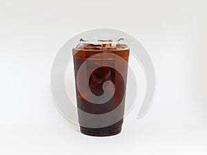 Iced coffee or Cold Brew coffee in a clear plastic cup.